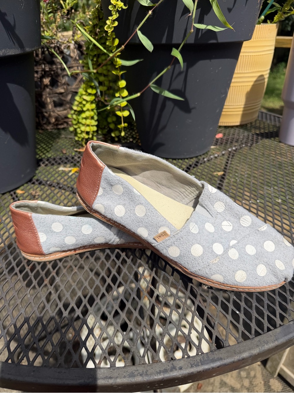 Toms Polka Dot Slip-On Flats in Light Gray with Brown Heel